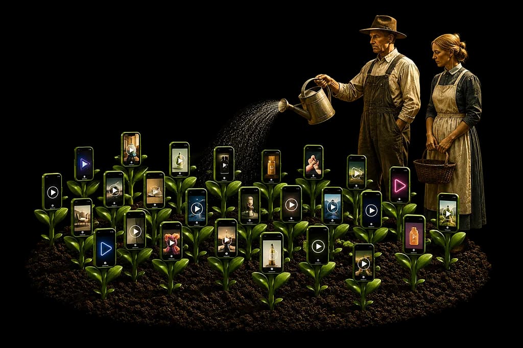 Ilustração de produtores regando celulares que crescem como plantas.