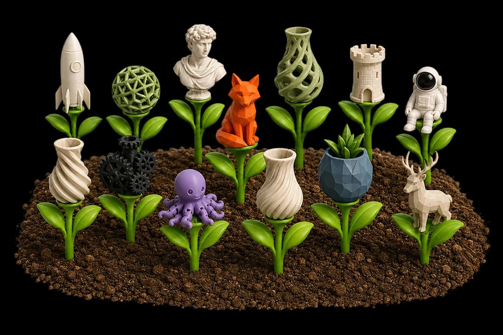 Miniaturas, brinquedos e objetos tridimensionais em um campo ilustrado.